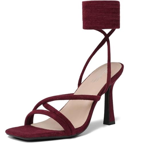 Mostrin Women's Strappy Heels Lace Up Square Toe High Heeled Sandals for Prom, Party & Daily Wear — Burgundy Suede