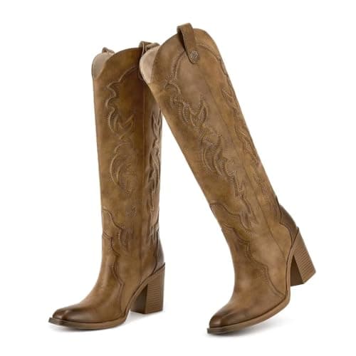 Wetkiss Women's Embroidered Knee High Cowboy Boots with Chunky Heel