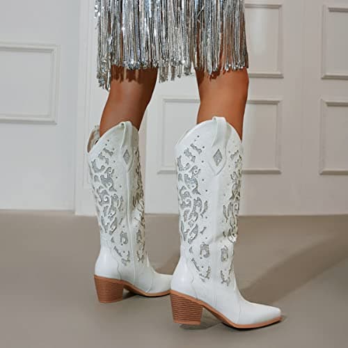 KiutSymo Sparkly Vintage Embroidered Cowgirl Boots Mid Calf Heel Wedding Western