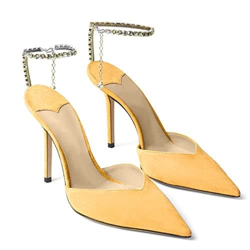 LauraVicci Women's Crystal Chain Heeled Sandals with Rhinestones Buckle Satin Shoes — Orange Suede