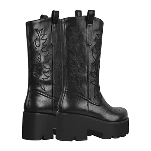 Rich heel Mid Calf Booties for Women Embroidered Knee-High Boots