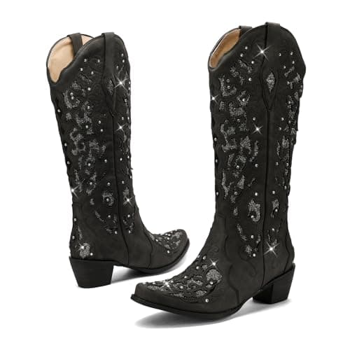 LingxiaUne Sparkly Rhinestone Western Cowboy Boot with Embroidery for Women
