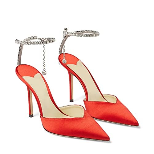 LauraVicci Women's Crystal Chain Heeled Sandals with Rhinestones Buckle Satin Shoes — Red Satin