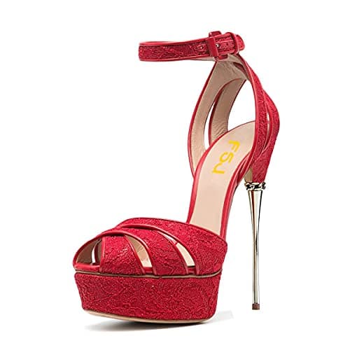 FSJ Women's Metallic Open Toe Stiletto Heel Platform Sandals Size 4-15 US — Carved Red