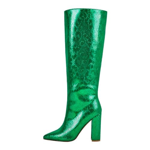 Richealnana Women's Chunky Heel Snake Print Knee High Boots