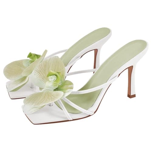 Richealnana Women's Clear Square Toe Stiletto Heel Slip-On Mules — Green Flower B