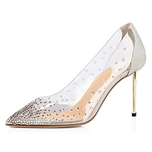 FSJ Women's Studded Pointed Toe Transparent High Heels with Bowknot US 4-15 M — Silver-metal Heel 8.5cm