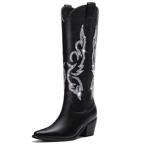 Platikly Women's Wide Calf Rhinestone Knee High western Boots with Glitter Zipper