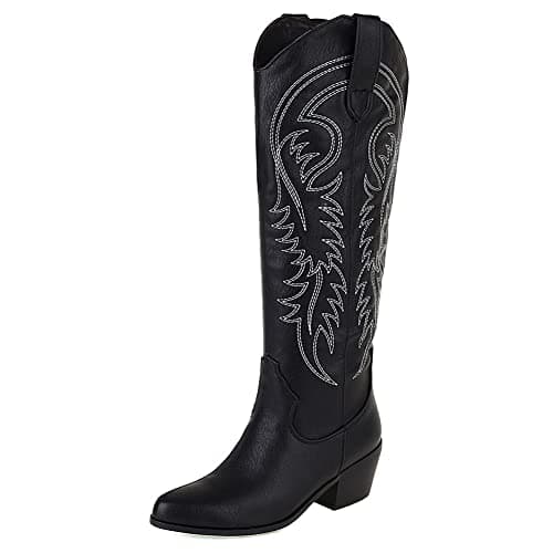AMINUGAL Women's Black Western Knee High Cowgirl Boots, Embroidered, Chunky Heel, 13.77 inches — B-black