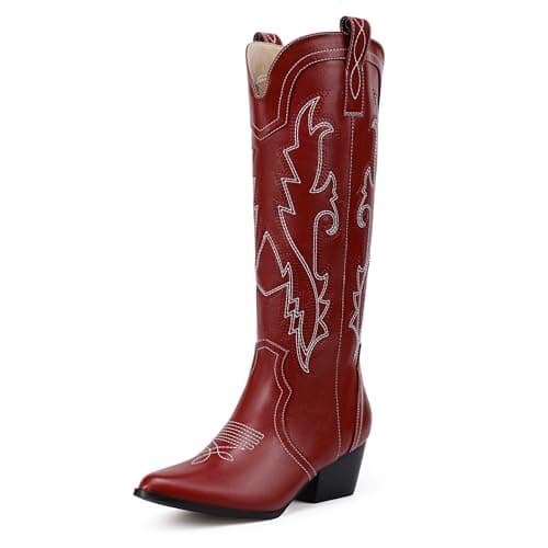 IDIFU IN2 Women's Embroidered Cowgirl Knee-High Western Boots — Red