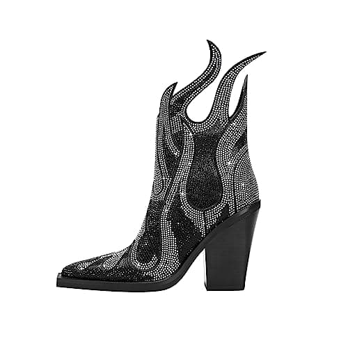 Feinlina Women's Sparkly Rhinestone PointedToe Chunky Heeled Cowboy Booties