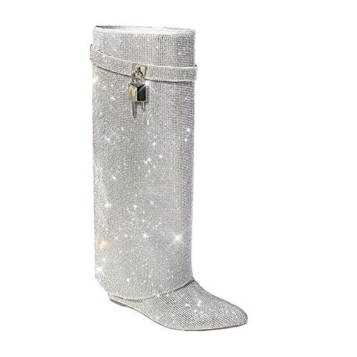 MUTTO-1 Women's Rhinestone Knee-High Fold-Over Wedge Heel Boots