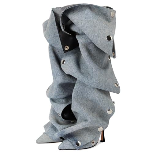 KaroNairy Women's Knee High Stiletto Boot with Detachable Panel — Denim Blue