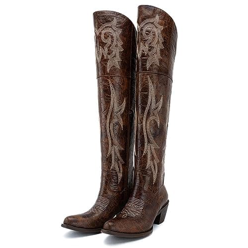 KaroNairy Vintage Embroidered Pointed Over the Knee Cowgirl Faux Suede Boots — Brown