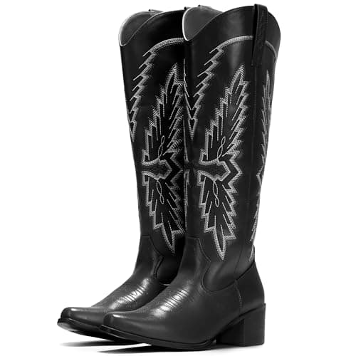 IUV Women's Knee High Western Pointy Toe Cowgirl Boots Chunky Heel Zipper — Black