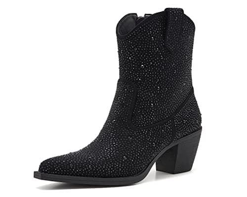 ZXHYZLZ Women's Sparkling Rhinestone Cowboy Boots High Heel Pointed Toe — Black