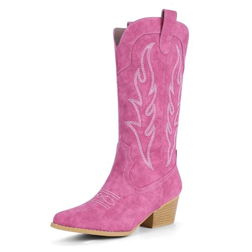 IDIFU IN2 Mid Calf Cowboy Boots for Womenchunky Low Heel Western Embroidery — Hot Pink