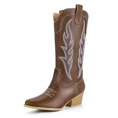IDIFU IN2 Mid Calf Cowboy Boots for Womenchunky Low Heel Western Embroidery — Brown