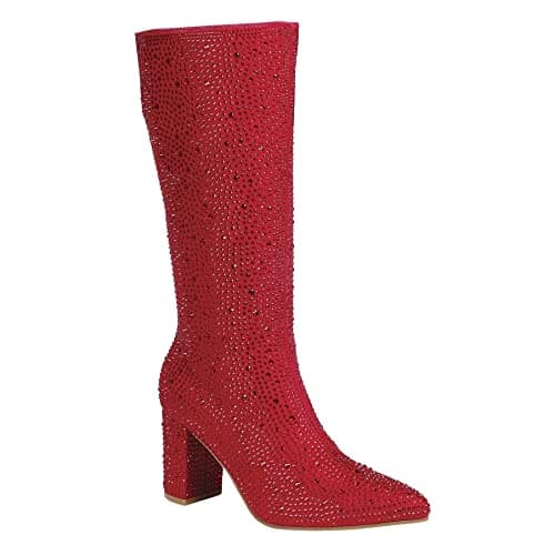 ABSOLEX Women's Pointed Toe Rhinestone Knee High Boot — Red