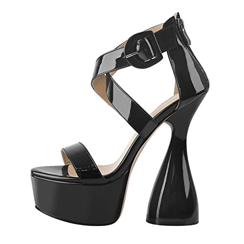 Women's Platform Crisscross Ankle Buckle Stilettos Sandals — Black-b