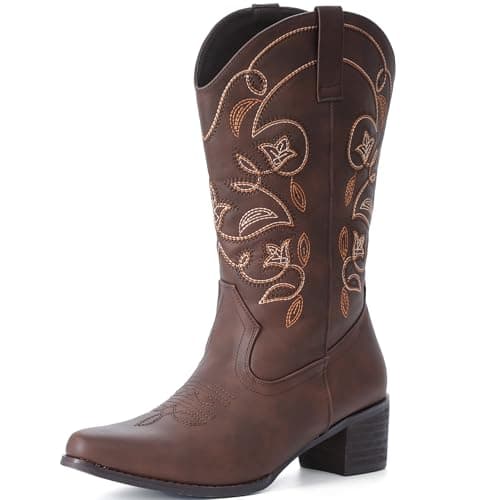 IXU Women's Wide Calf Pointy Toe Mid Calf Western Boots — Brown