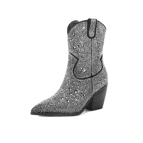 LUMUTA Western Rheinstone Cowboy Boots for Women Comfortable Side Zip Ankle Heels