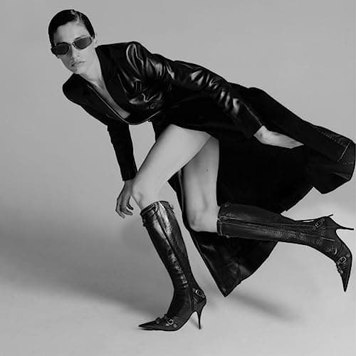 VOMIRA Pointed Toe Rivets Tassels Knee High Stilettos for Women