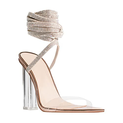 Women's Clear Block Heel Lace Up Rhinestones Sandals