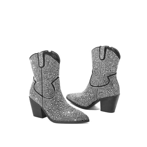 LUMUTA Western Rheinstone Cowboy Boots for Women Comfortable Side Zip Ankle Heels