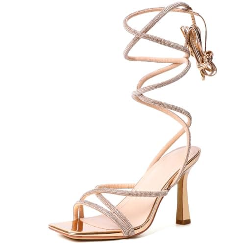 Mostrin Women's Strappy Heels Lace Up Square Toe High Heeled Sandals for Prom, Party & Daily Wear — Sparkly Rose Gold