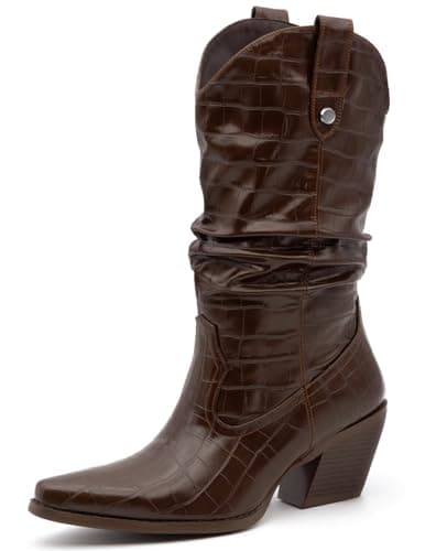 MISSMILLER Women's Embroidered Square Toe Cowboy Cowgirl Boots Western Mid Calf Heel — Crocodile Brown