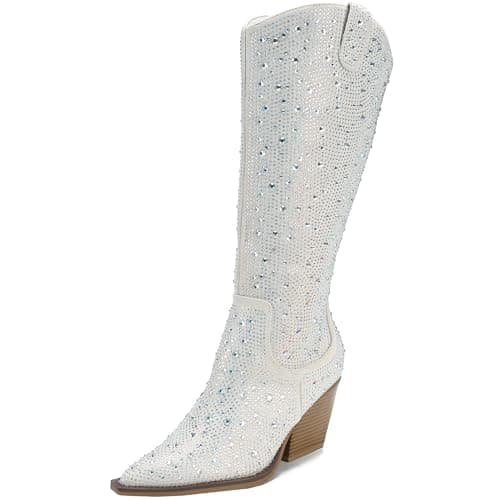 TPBKGVUW Women's Sparkly Rhinestone Knee High Cowgirl Boots
