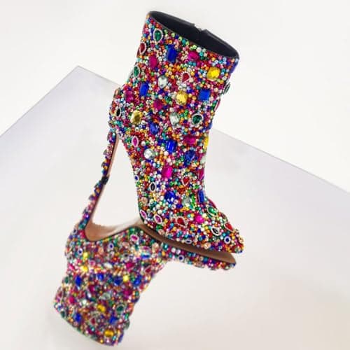 HOCHFART Women's Rhinestone High Heel Boots