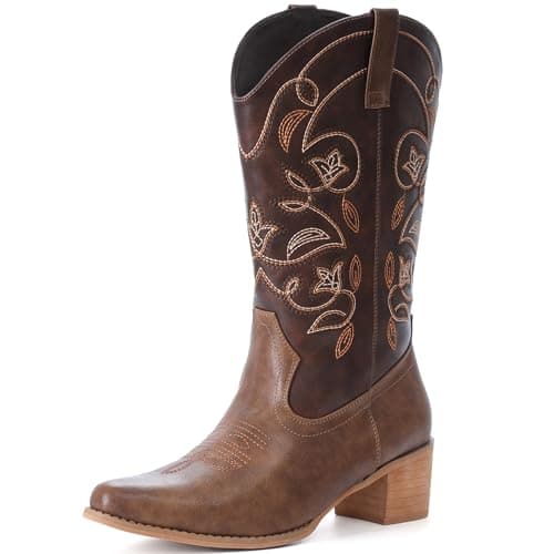 IXU Women's Wide Calf Pointy Toe Mid Calf Western Boots — Dark Brown