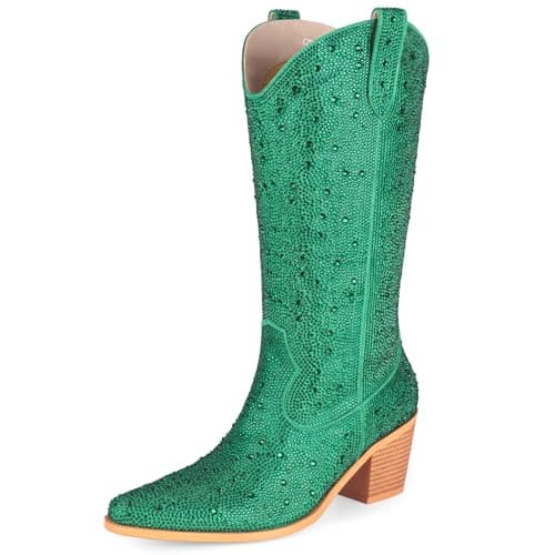 MissMiller Women's Sparkly Rhinestone Mid-Calf Cowboy Boots with Pull-On Tabs — Green