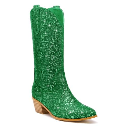KEEISEA Women's Sparkle Rhinestone Cowboy Boots Wide Glitter Fashion Party — Mid-calf Green