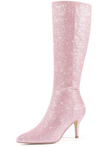 Perphy Women's Sparkly Stiletto Heel Knee High Boots — Pink