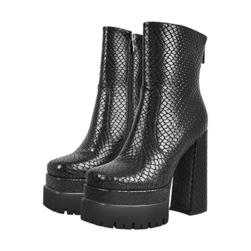 Richealnana Women's Chunky Heel Snake Print Zipper Ankle Boots