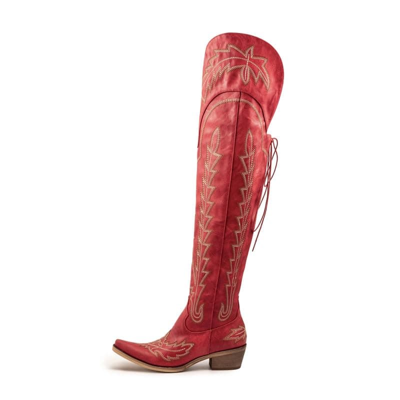 Atuelang Thigh High Western Embroidered Cowgirl Boots — Red