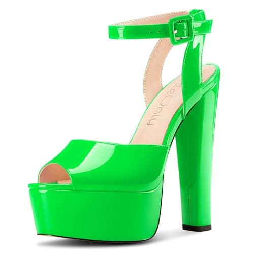 NobleOnly Chunky Heel Ankle Strap Sandals for Women Wedding Party Prom 5.9 Inches — Green