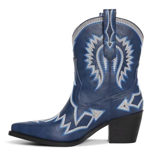 Western Metallic Embroidered Boots for Women - HOCHFART Wide Calf Heel Pull-OnCowgirl — Navy