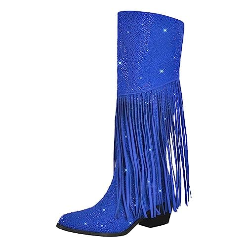 Richealnana Calf High Boots for Women with Sparkle Rhinestones and Fringe Tassels