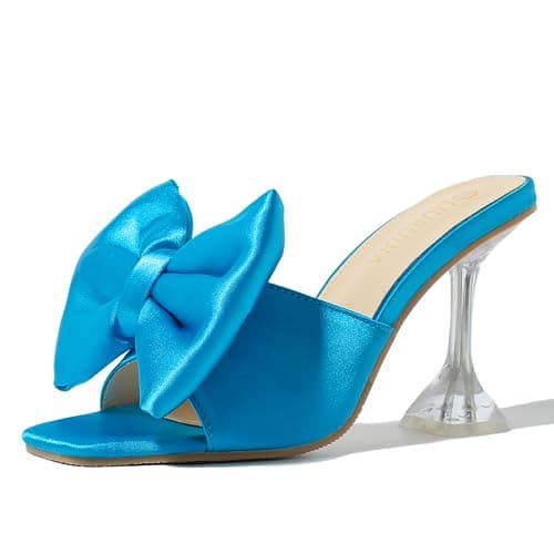 LIURUIJIA Women's Bow Heels Mules Slip-On Wedding Shoes — Light Blue