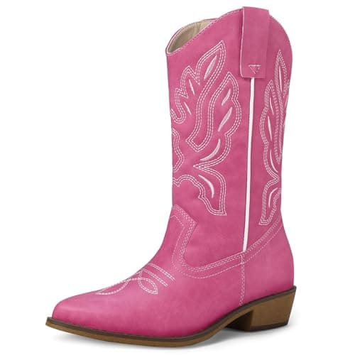 Mysoft Women's Cowboy Boots Embroidered Mid-Calf Pointed Toe — Hot Pink