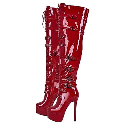 Richéal nini Women's Zipper Lace-Up Thigh High Heels Over-the-Knee Boots — Red