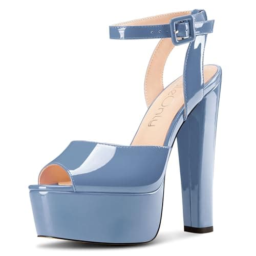NobleOnly Chunky Heel Ankle Strap Sandals for Women Wedding Party Prom 5.9 Inches — Cobalt Blue