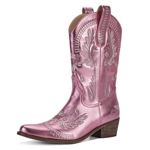 STALOV Women's Embroidered Cowgirl Ankle Boots, Pointed Toe Chunky Heel — Pink&rhinestone