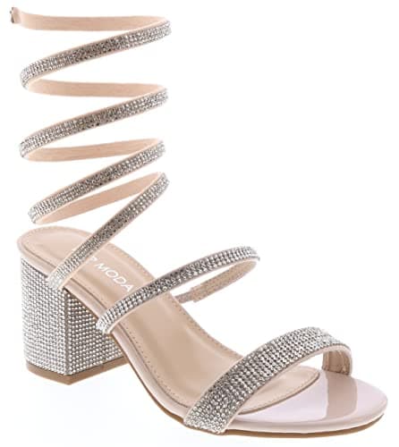 Top Moda Women's Rhinestone Spiral Ankle Strap Heels Sandals — Nude Pat Rhinestone