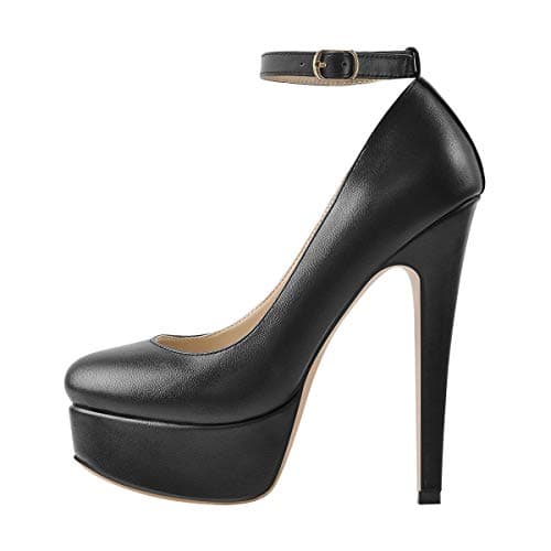 Richealnana Women's Double Platform Stiletto Heels — Black Ankle Strap Pu