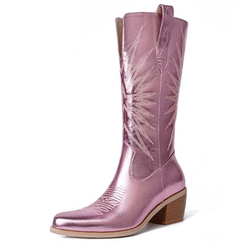 Metallic Embroidered Cowboy Boots for Women | Mid Calf Heel Pull-On — Pink